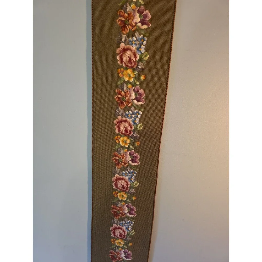 Vintage Embroidered Floral Tapestry Wall Decroative Hanging Brass Ends - 65